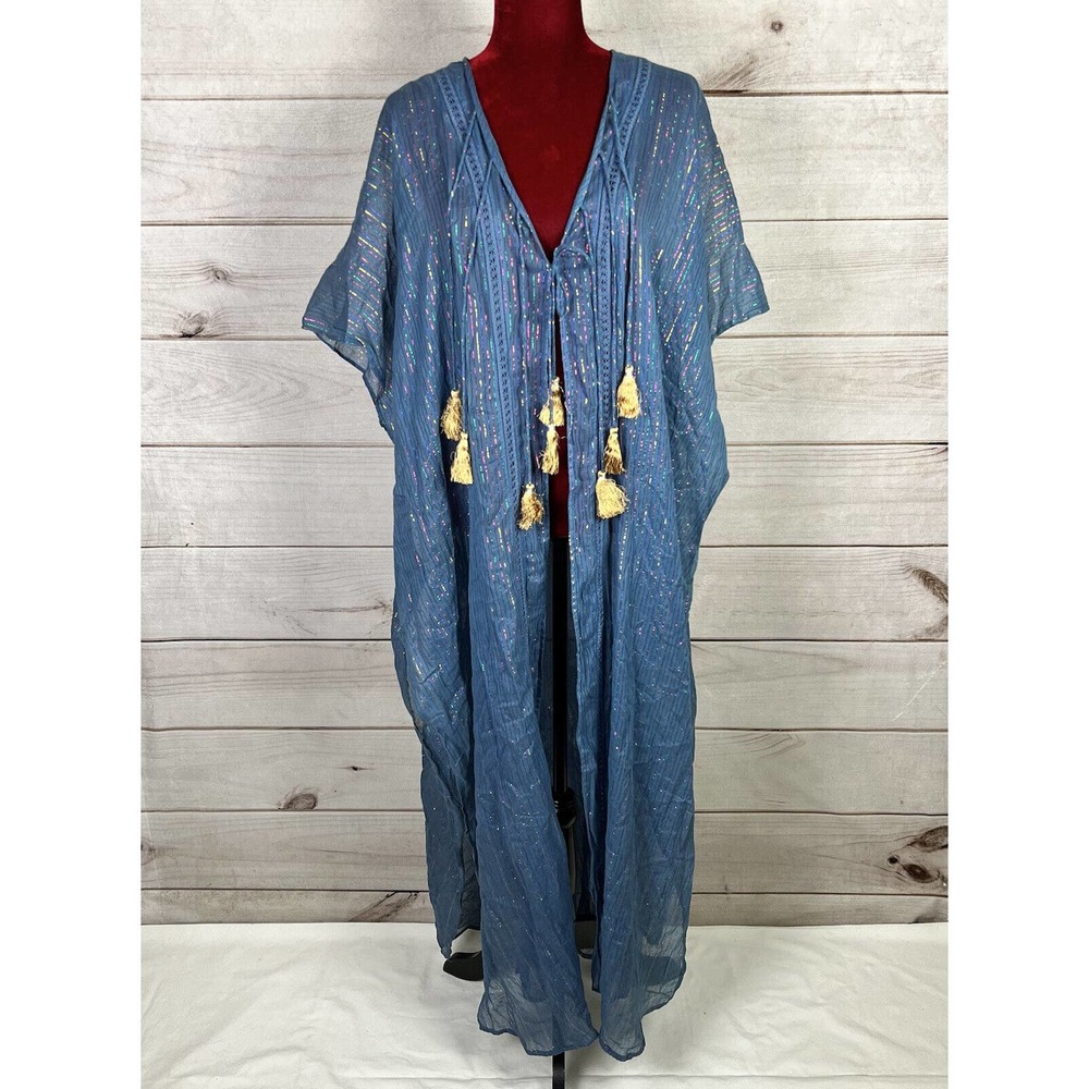 Miguelina Swim Adria Metallic Striped Tassel Kimono Cover Up